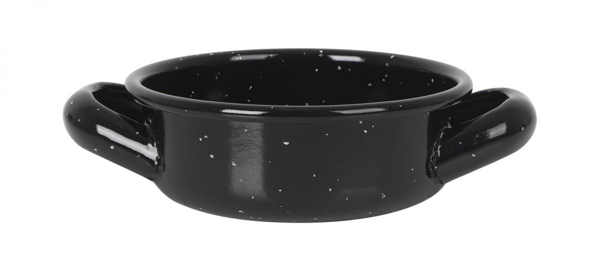 Black speckled enamelware bowl with two handles for Estrella Spanish Mini Paella Pan