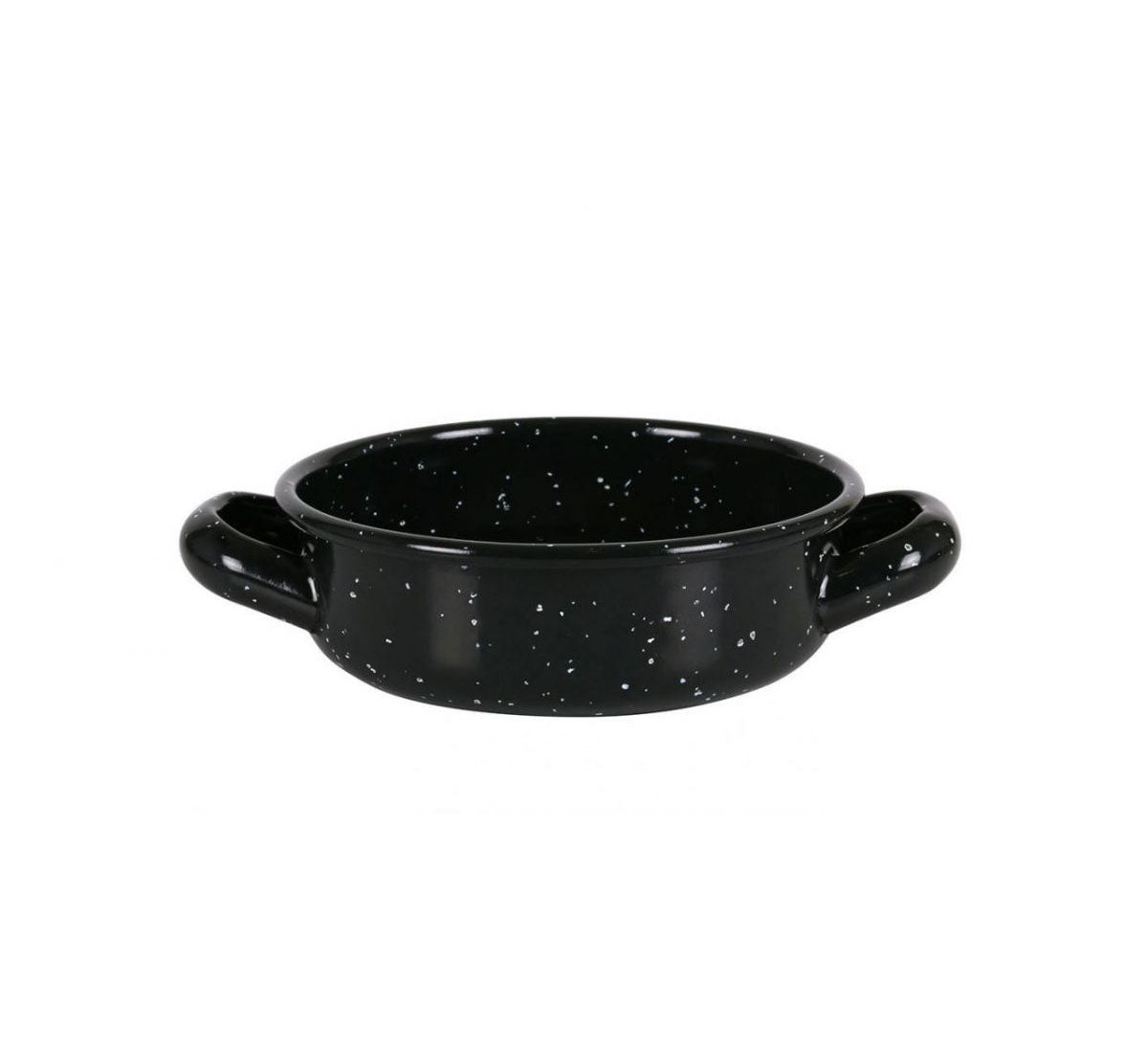 Black enamel mini paella pan with white speckles and two handles for tapas cooking