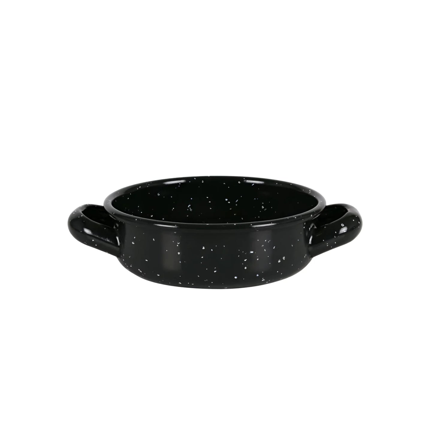 Black enamel mini paella pan with white speckles and two handles for tapas cooking