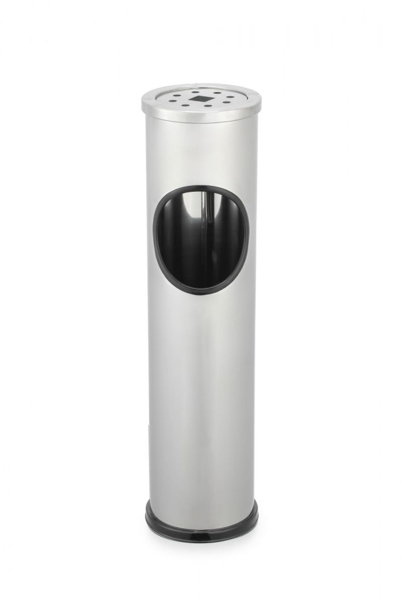 Stainless steel outdoor ashtray with circular opening and perforated top for cigarette disposal
