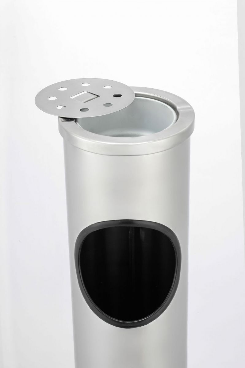 Stainless steel outdoor freestanding ashtray with offset lid and side waste opening