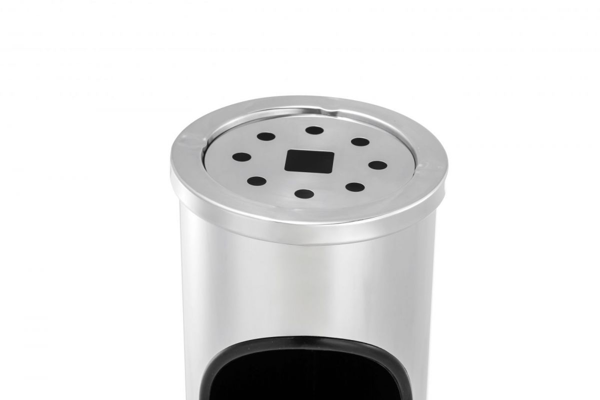 Stainless steel floor-standing ashtray with perforated top and square opening for outdoor use