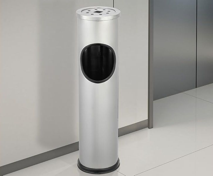 Tall stainless steel outdoor ashtray with black oval opening and perforated top
