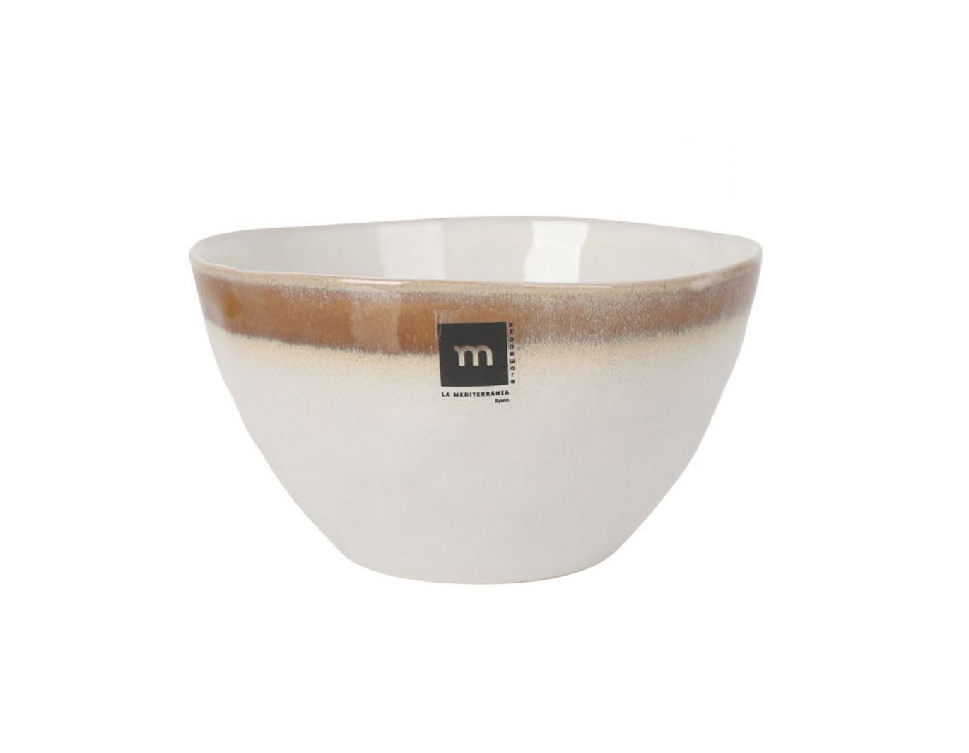 White Fustam 1.3L irregular stoneware pasta salad bowl with brown rim