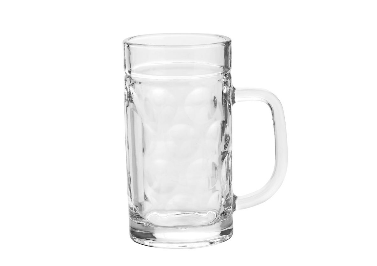 Empty clear glass Weser Pint Beer Tankard 570ml with handle on a white background