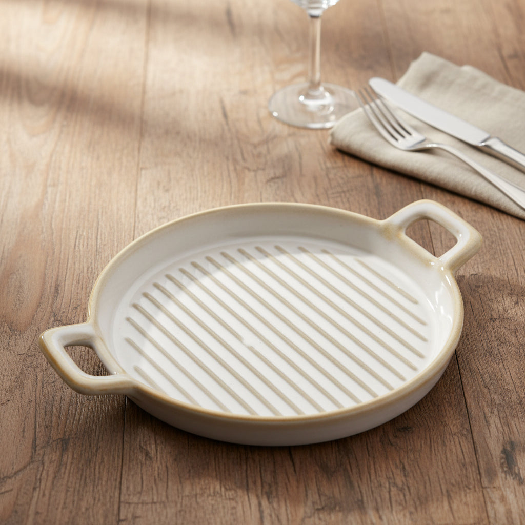 Milky Cream Round dish With Handles 20.5x16cm