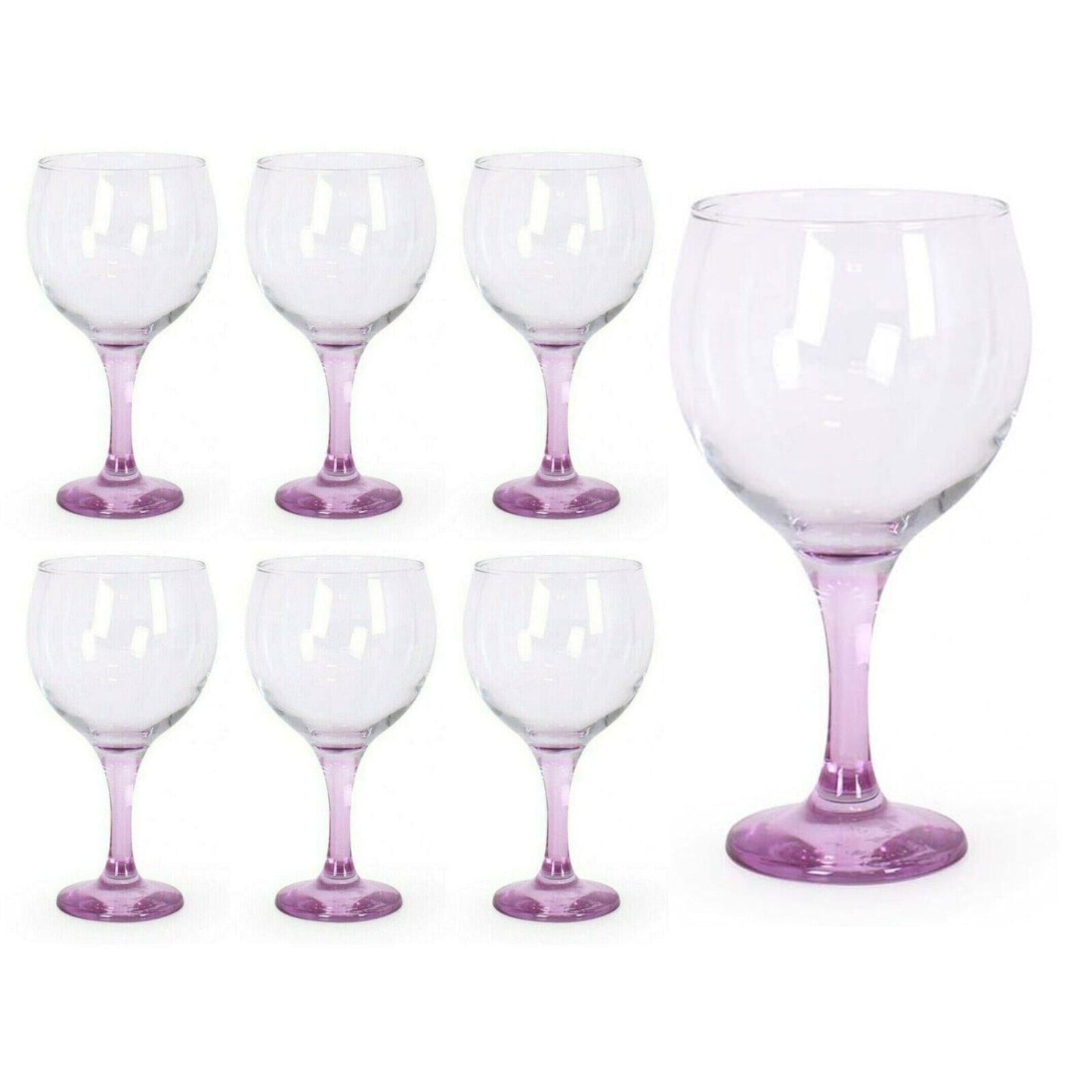 Set of clear wine glasses with purple stems.