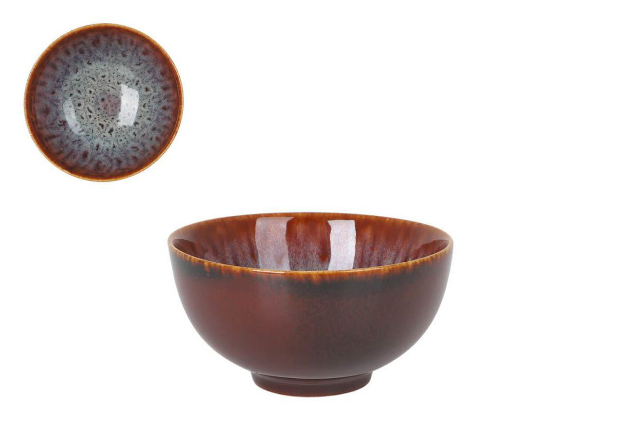 Brown ceramic Japo Bowl with speckled gray and blue interior for stylish serving
