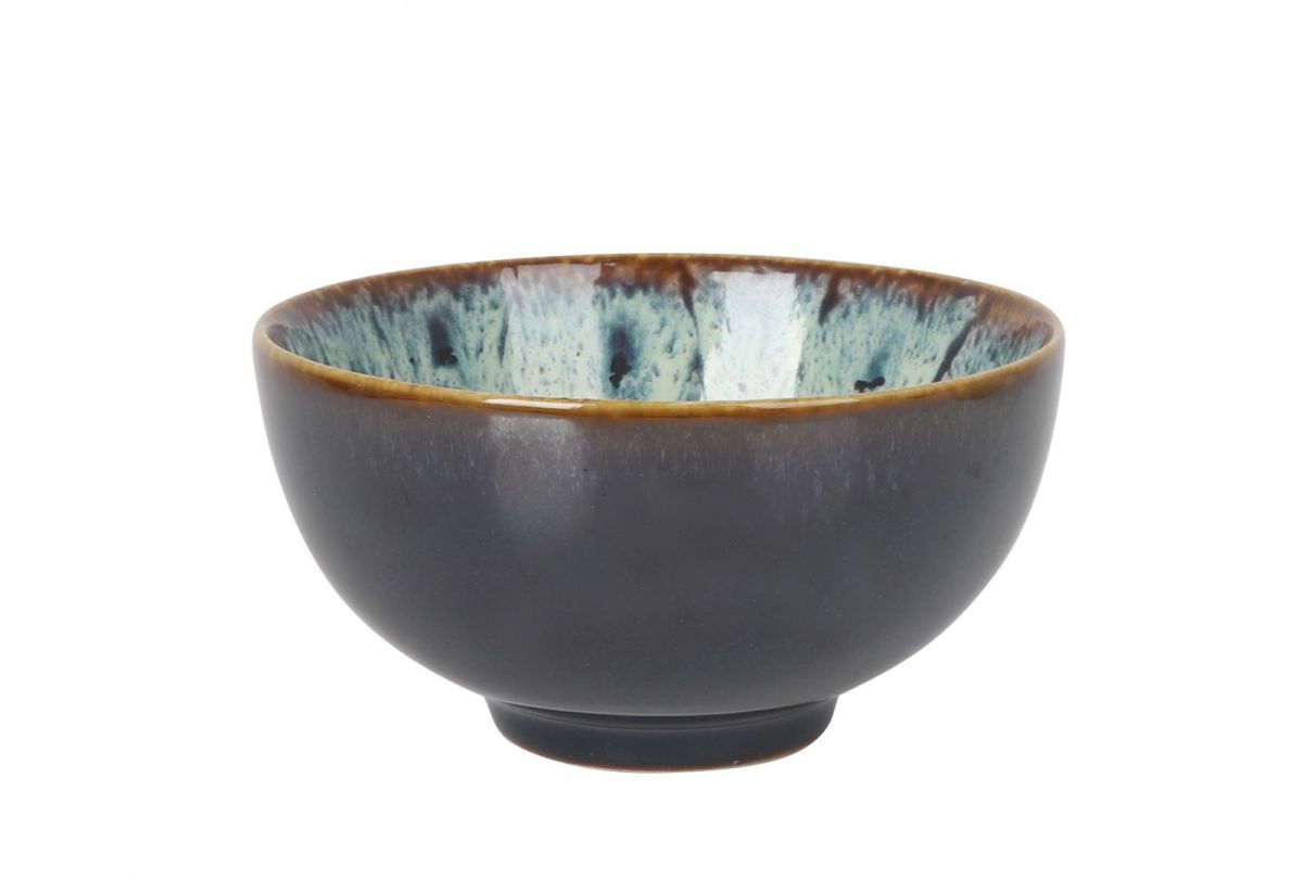 Dark stoneware Japo Bowl with blue-green and brown reactive glaze interior and rim