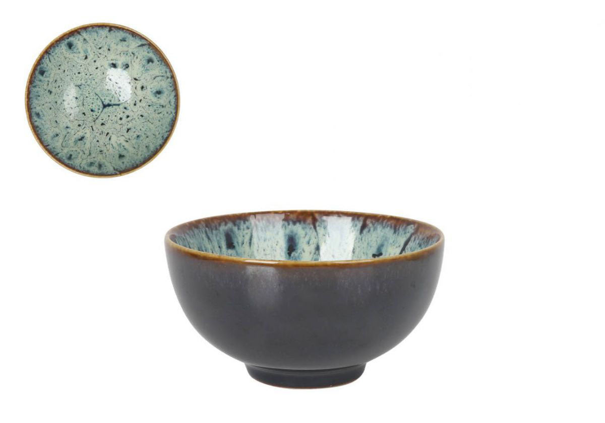 Dark ceramic Japo Bowl with speckled teal and brown reactive glaze interior