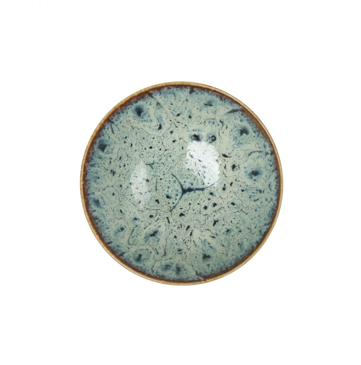 Japo Bowl 112x6cm Emi with speckled blue-green crackled glaze and rustic brown rim