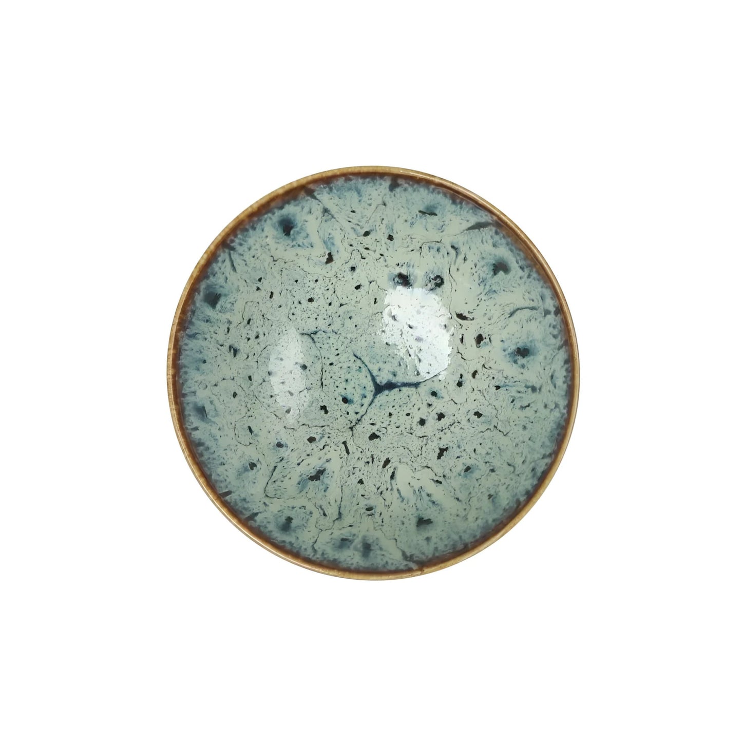 Japo Bowl 112x6cm Emi with speckled blue-green crackled glaze and rustic brown rim