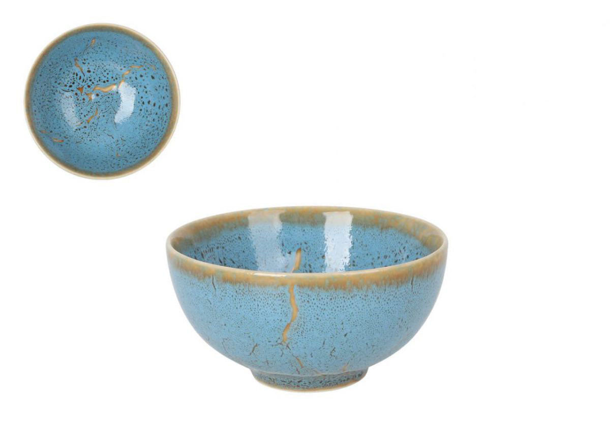 Light blue ceramic Japo Bowl with tan rim and crackle glaze effect
