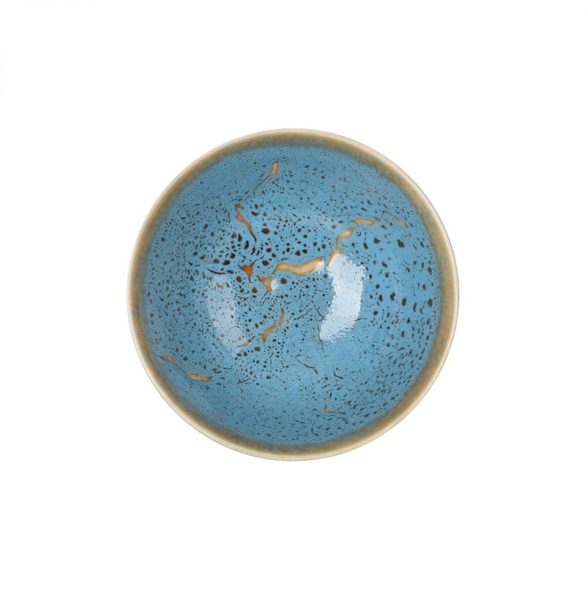 Teal-blue ceramic Japo Bowl with speckled crackled glaze and natural-toned rim