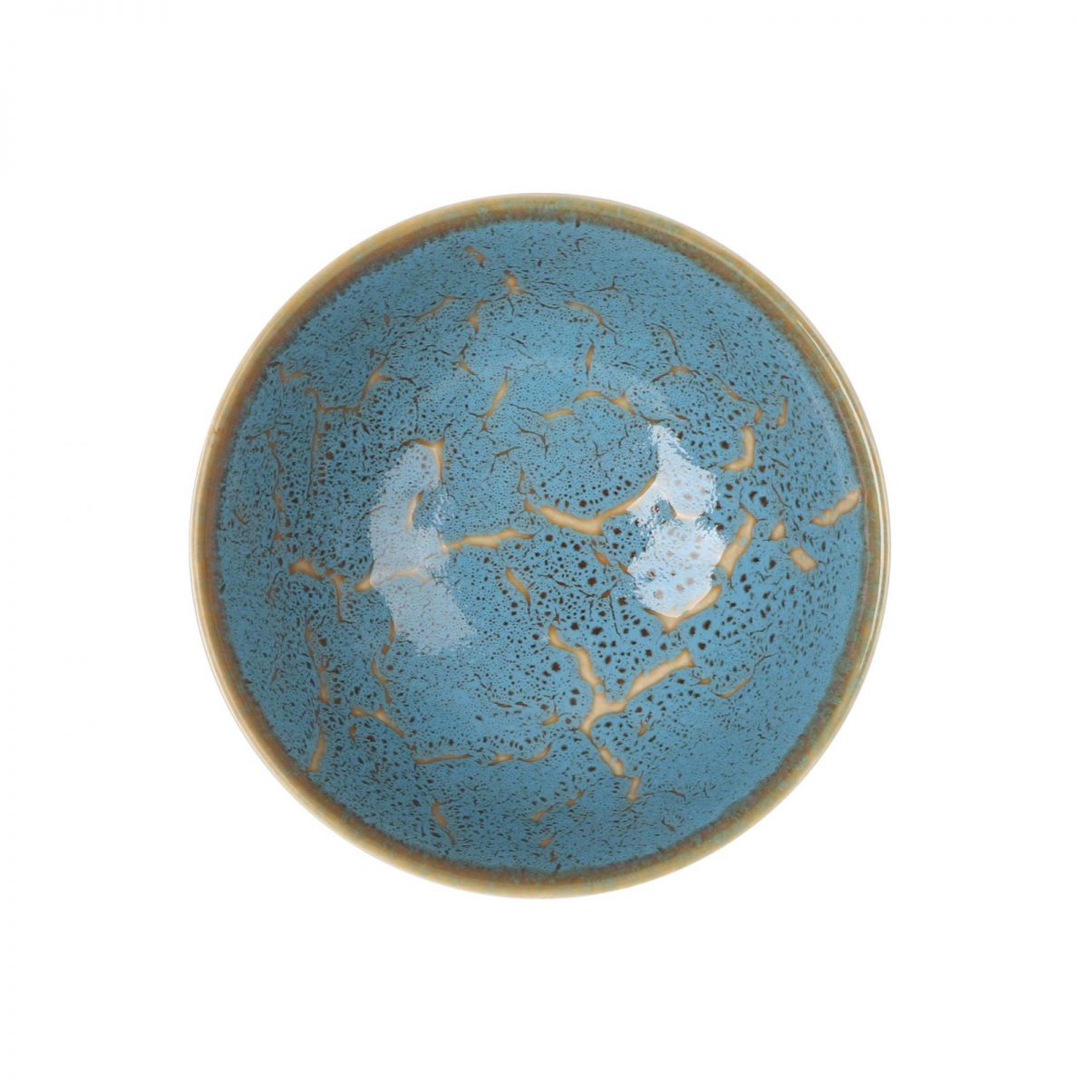 Turquoise cracked glaze ceramic Japo Bowl with beige rim, 15.2x7.6cm Yui