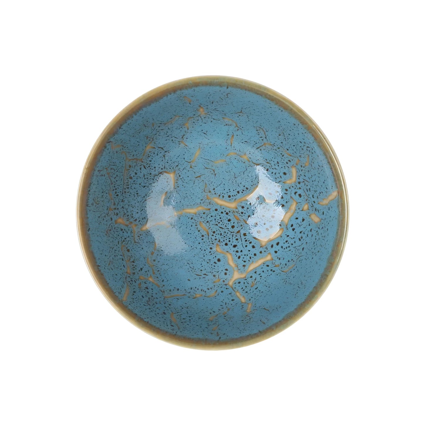 Turquoise cracked glaze ceramic Japo Bowl with beige rim, 15.2x7.6cm Yui