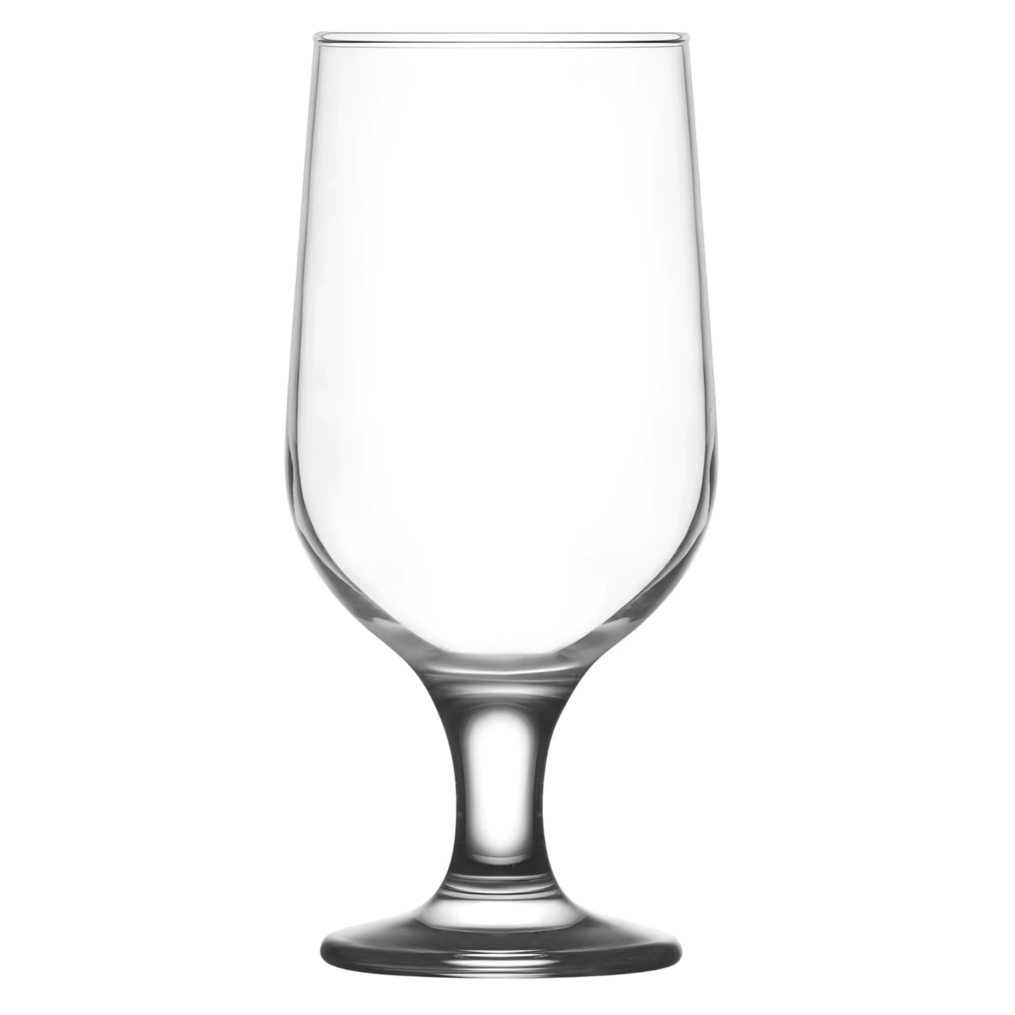 Empty clear Lav Belek Beer glass 385ml with wide bowl and short stem for serving beer