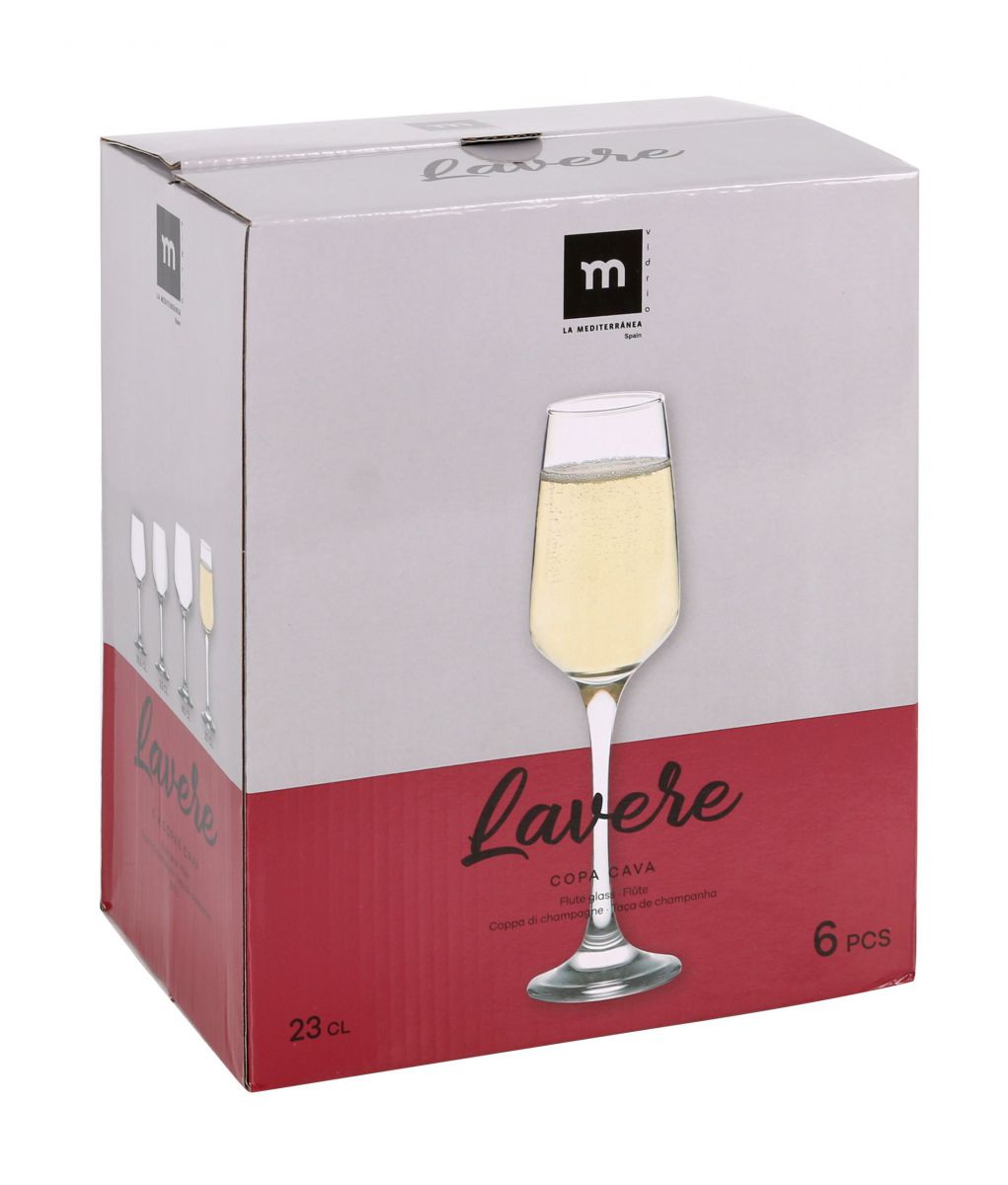 Box of six Lavere glass Champagne cava prosecco flutes 230ml for celebration