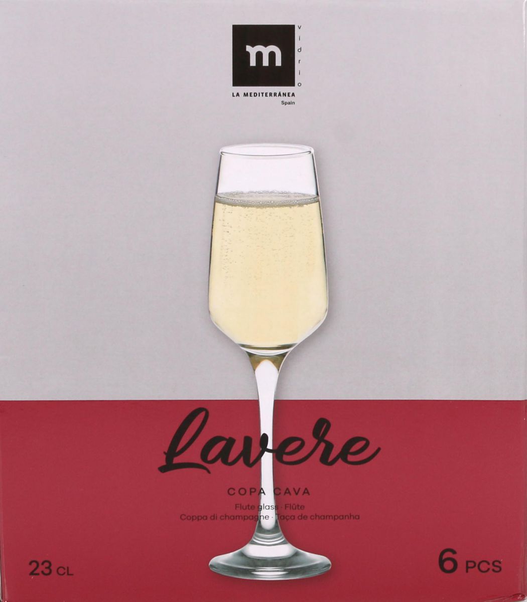 Set of six Lavere glass Champagne cava prosecco flutes with modern design 230ml