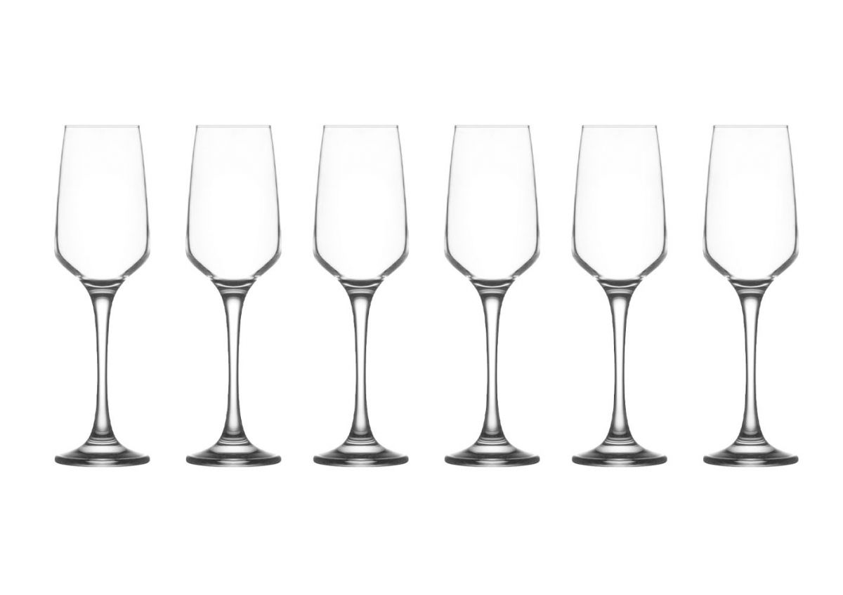 Set of six clear Lavere champagne flute glasses for sparkling wine 230ml
