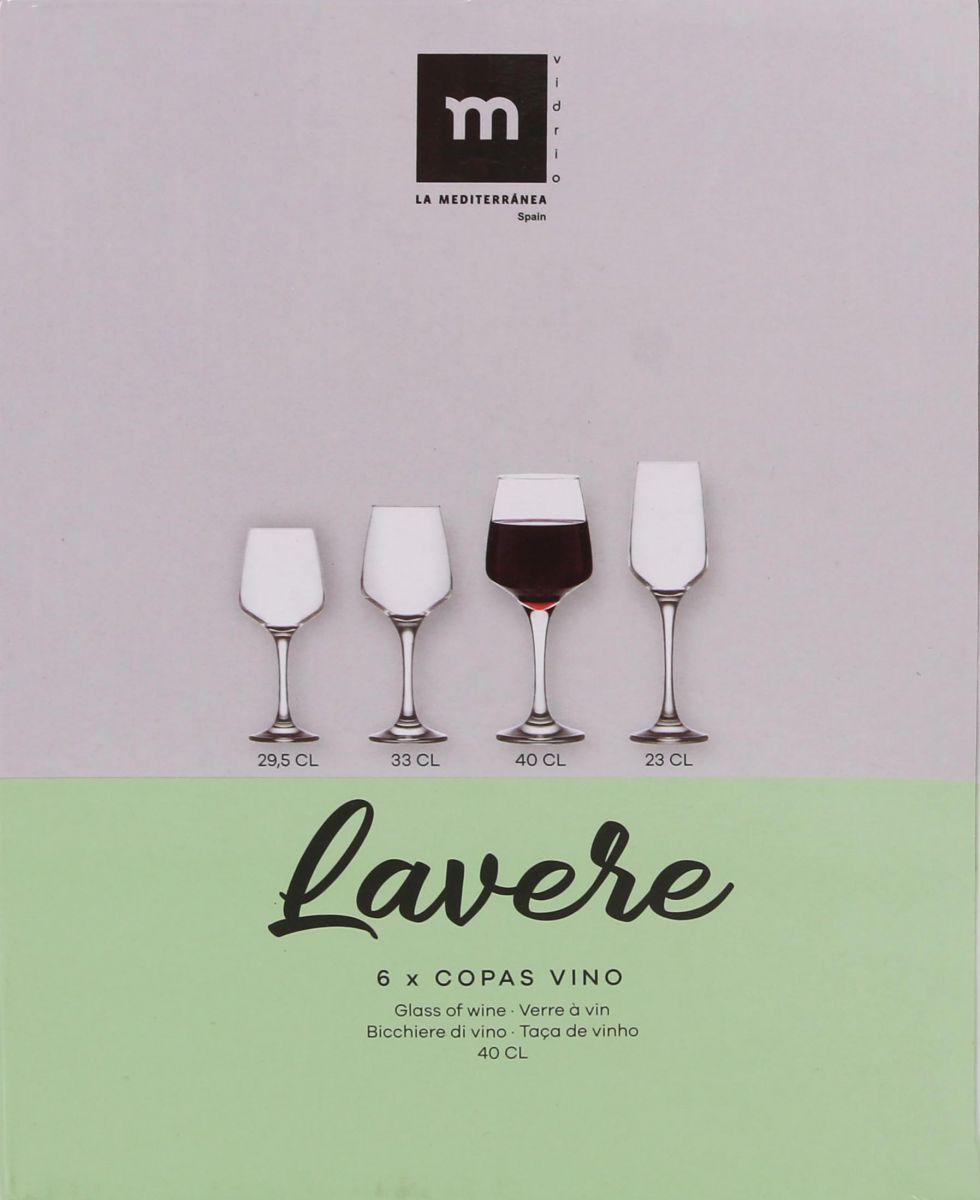 Lavere Wine Glass 400ml set with four distinct glasses, one filled with red wine