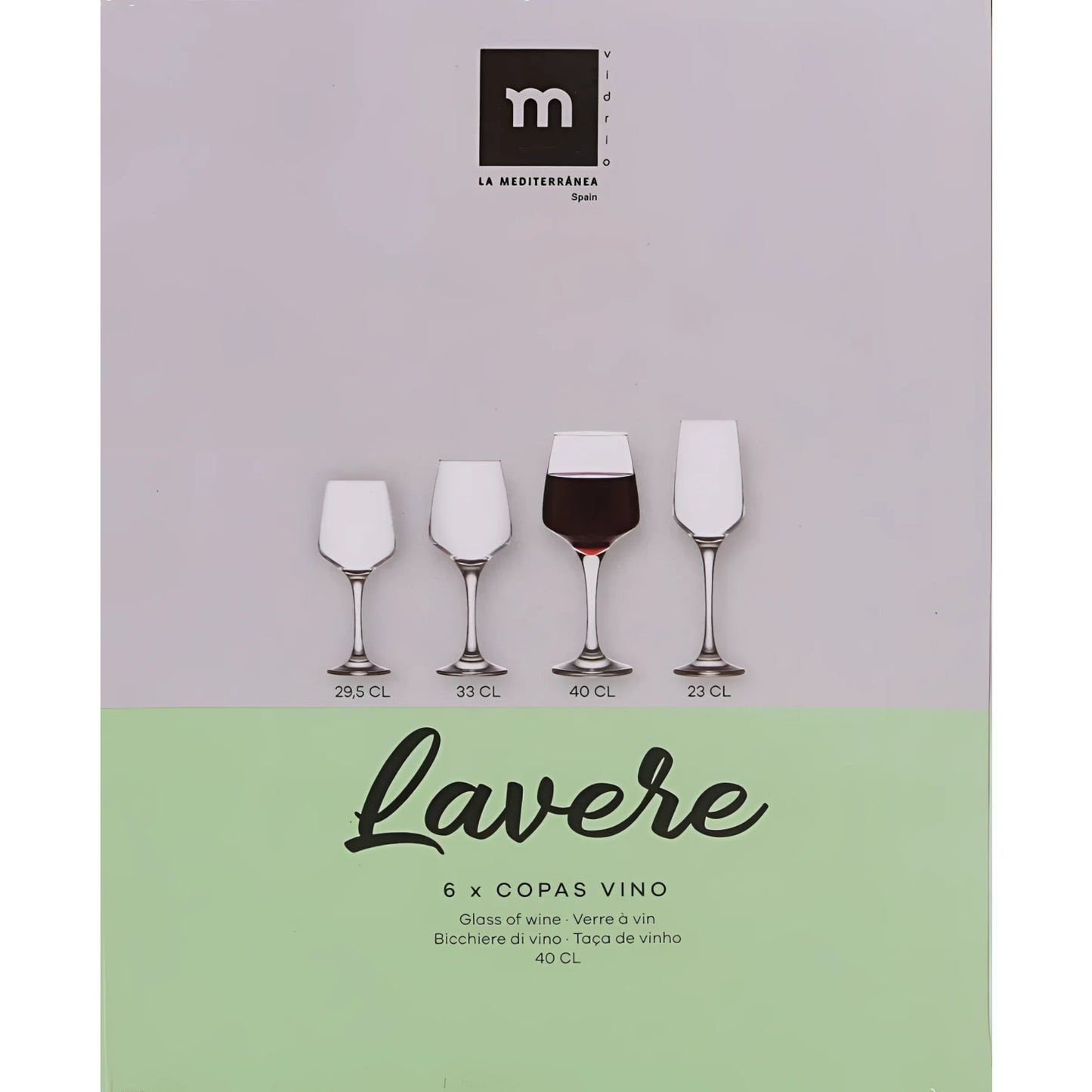 Lavere Wine Glass 400ml set with four distinct glasses, one filled with red wine