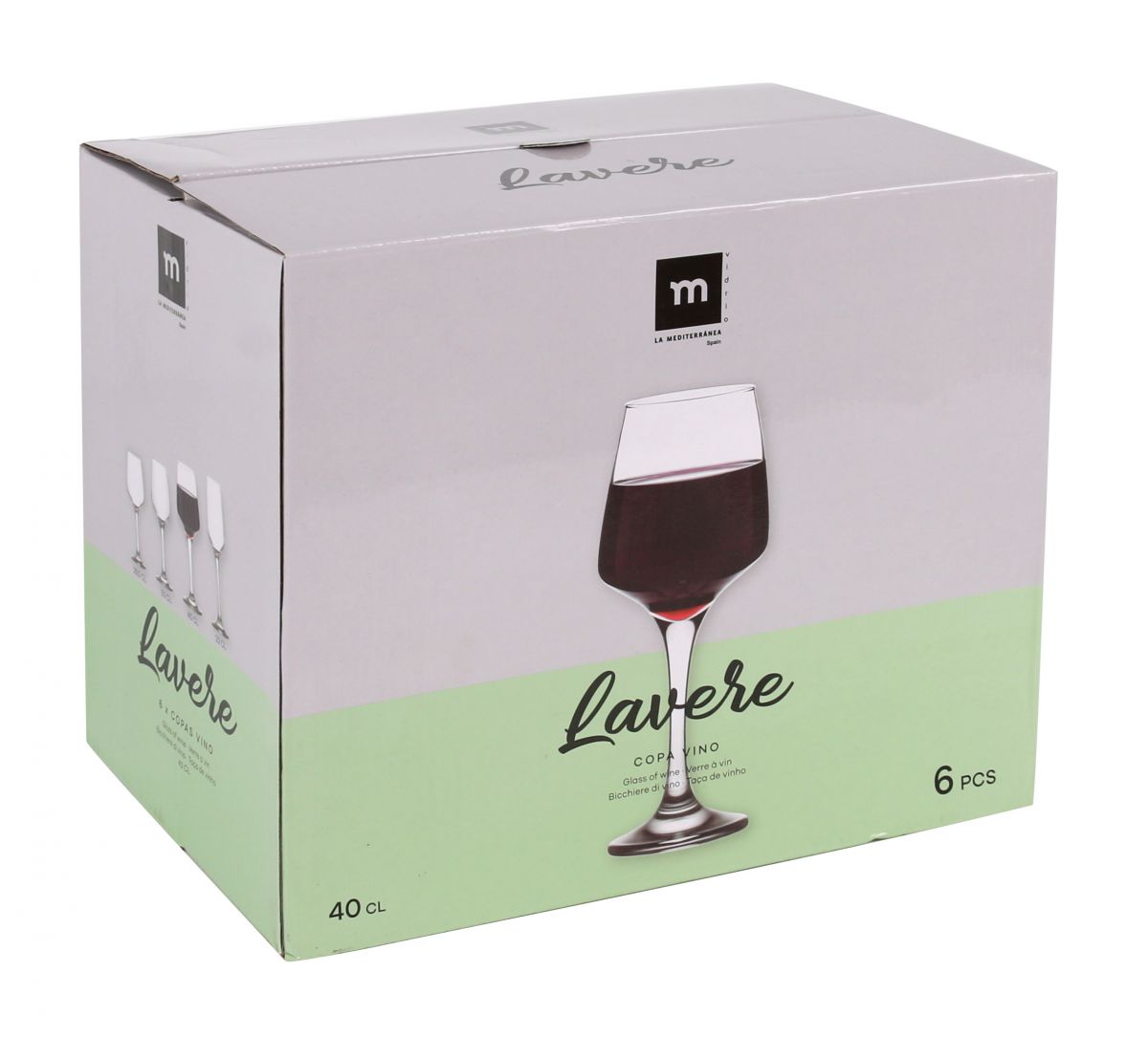 White cardboard box with six Lavere Wine Glass 400ml for elegant wine serving