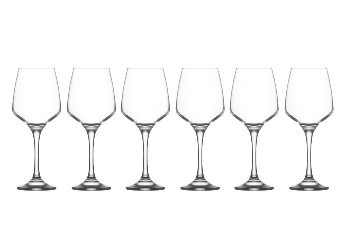 Set of six Lavere Wine Glasses 400ml with clear stemmed design and angled bowls