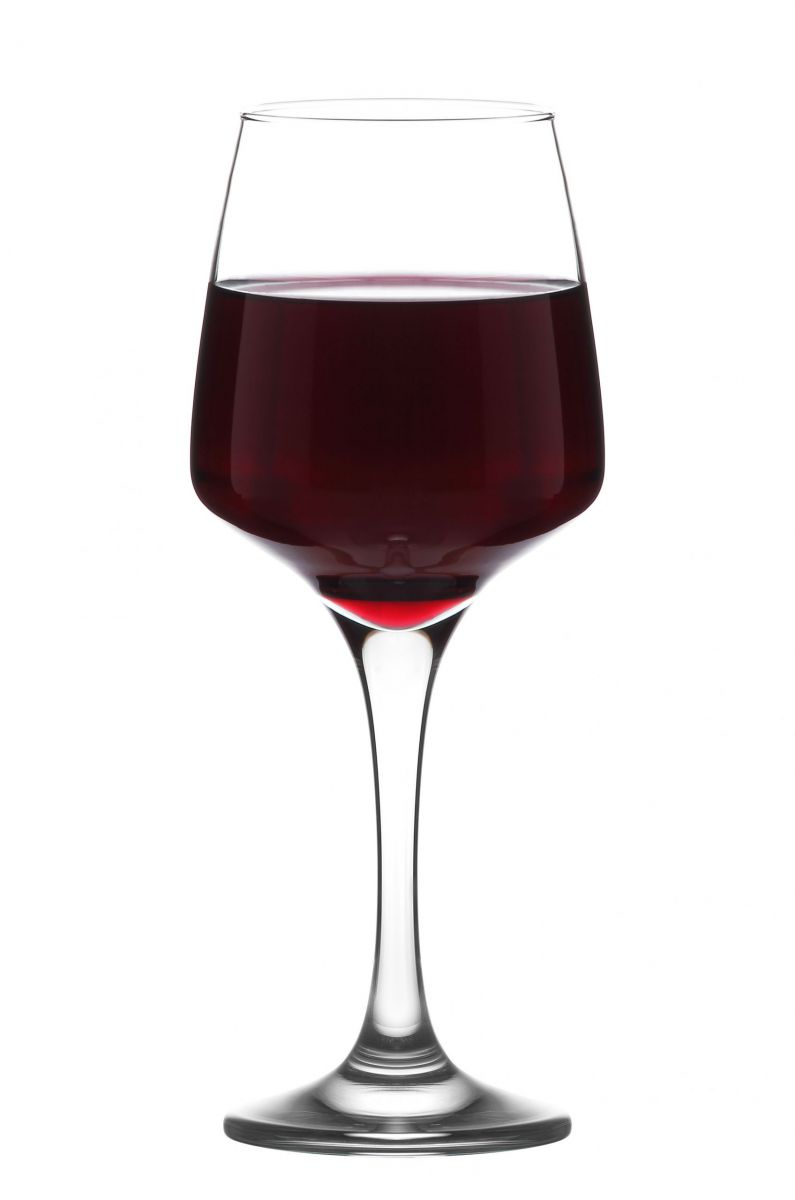 Lavere Wine Glass 400ml filled with clear red wine on a white background
