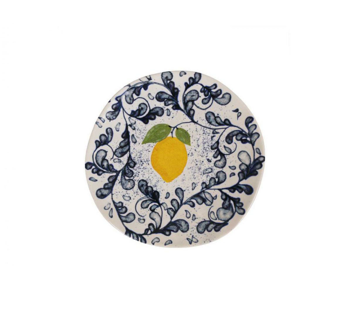 Round ceramic Limoi Iberica dessert plate with blue floral design and yellow lemon center