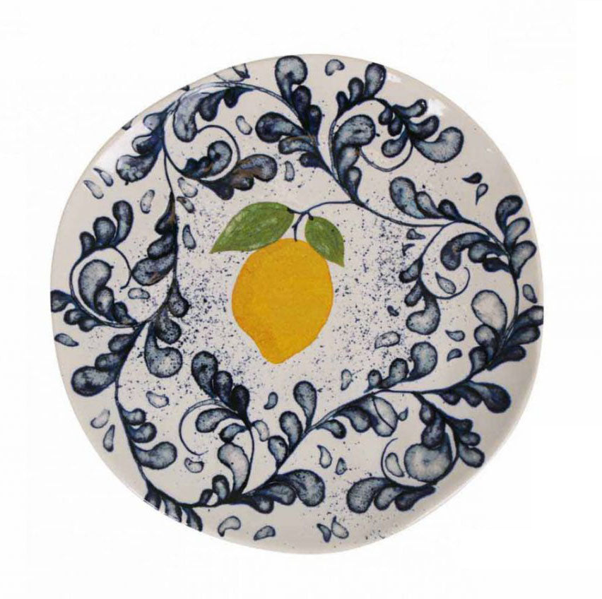White ceramic Limoi Iberica 26cm dinner plate with hand-painted lemon and blue floral design