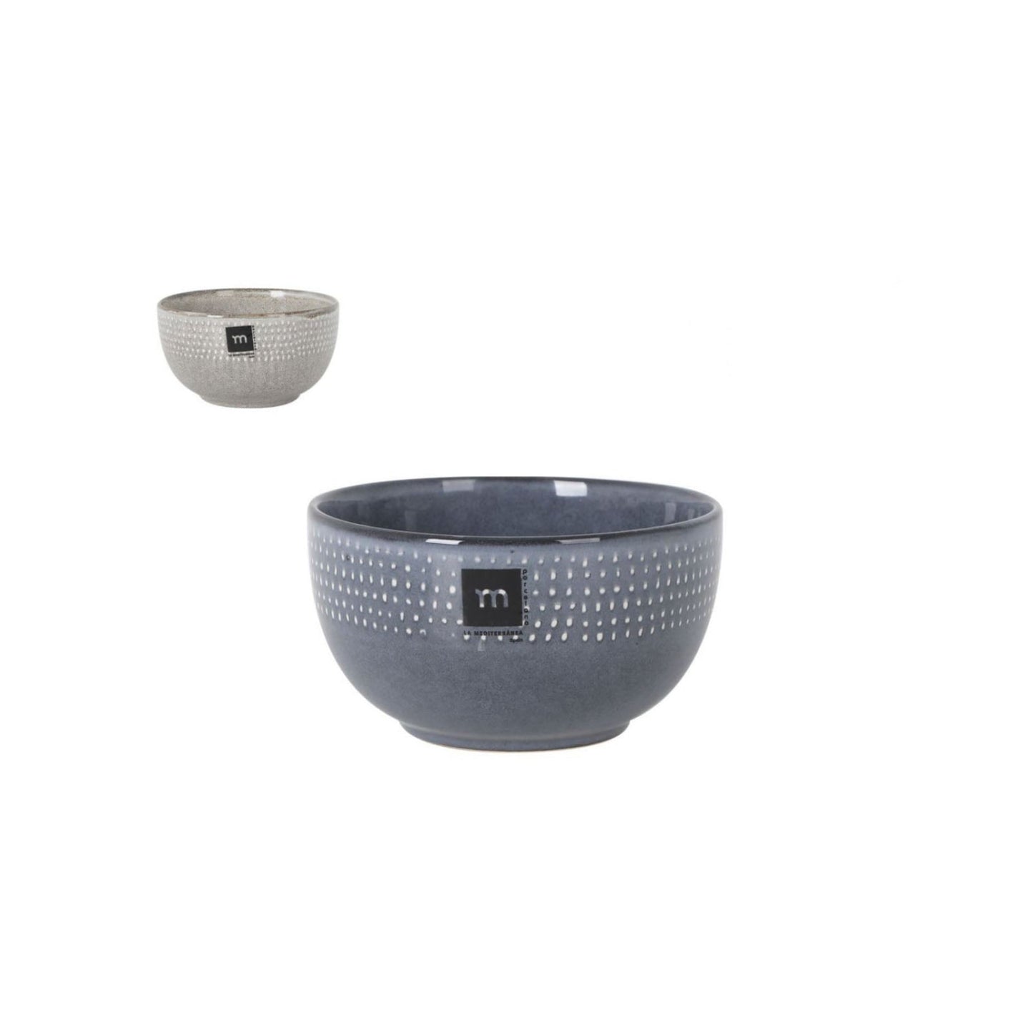 Stoneware bowls in gray and beige with textured dotted pattern and square logo patch