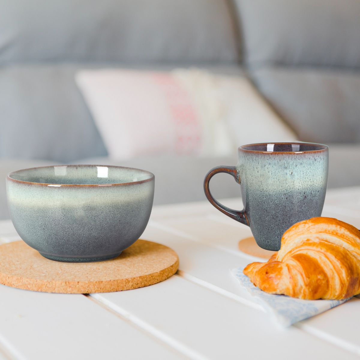 Ceramic Melow bowl 13.5x7.7cm stoneware with ombre blue and white glaze and a croissant
