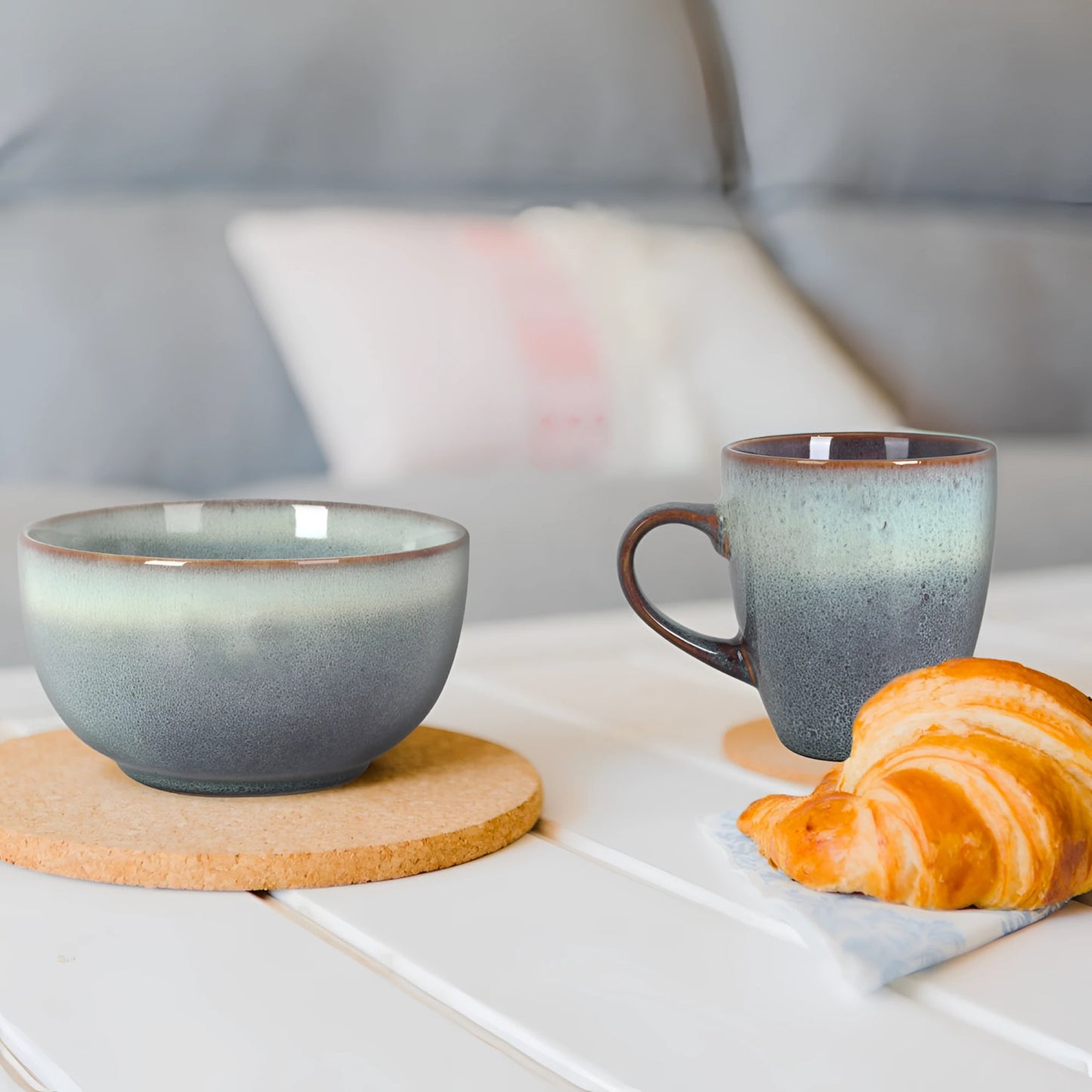 Ceramic Melow bowl 13.5x7.7cm stoneware with ombre blue and white glaze and a croissant