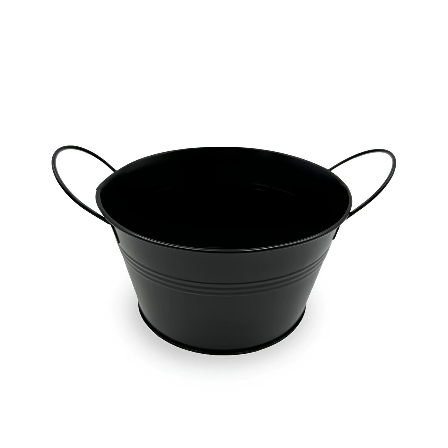 Black metal bucket with handles and horizontal ridges, 18cm tapas dish accessory
