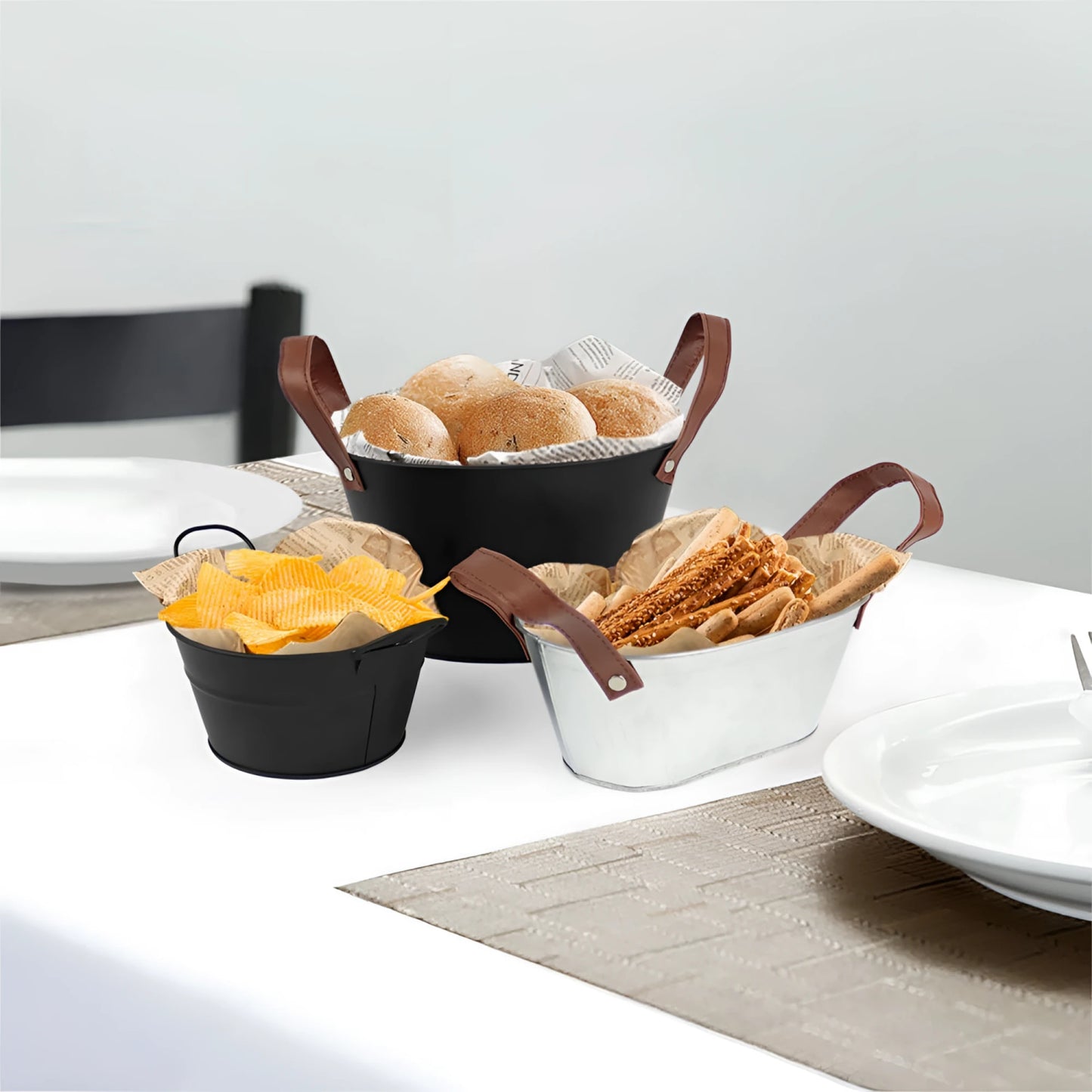 Metal Bucket Silver Leather Handles 18cm Tapas Dish with bread chips and breadsticks