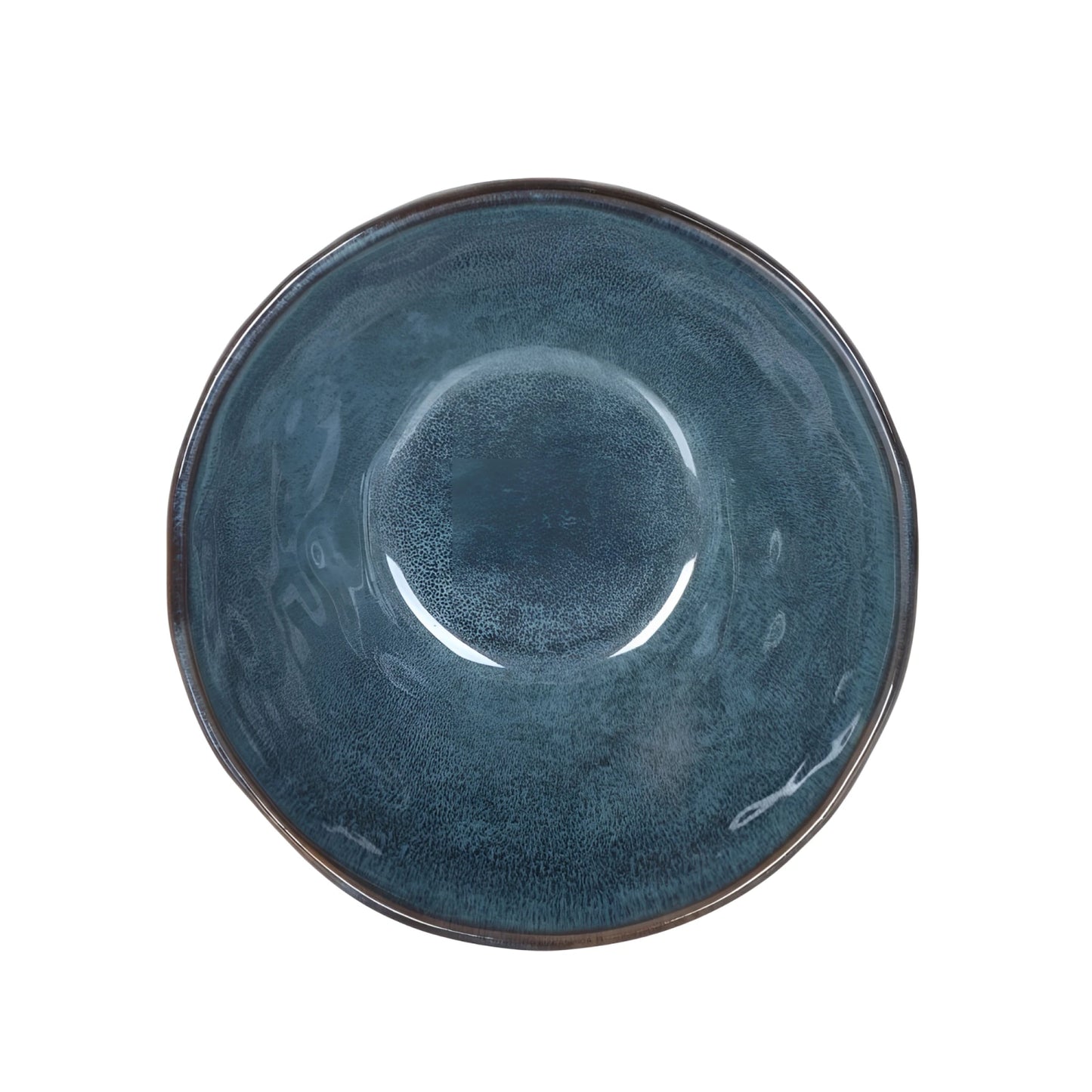 Dark teal ceramic bowl with textured reactive glaze and dark rim for serving or decor