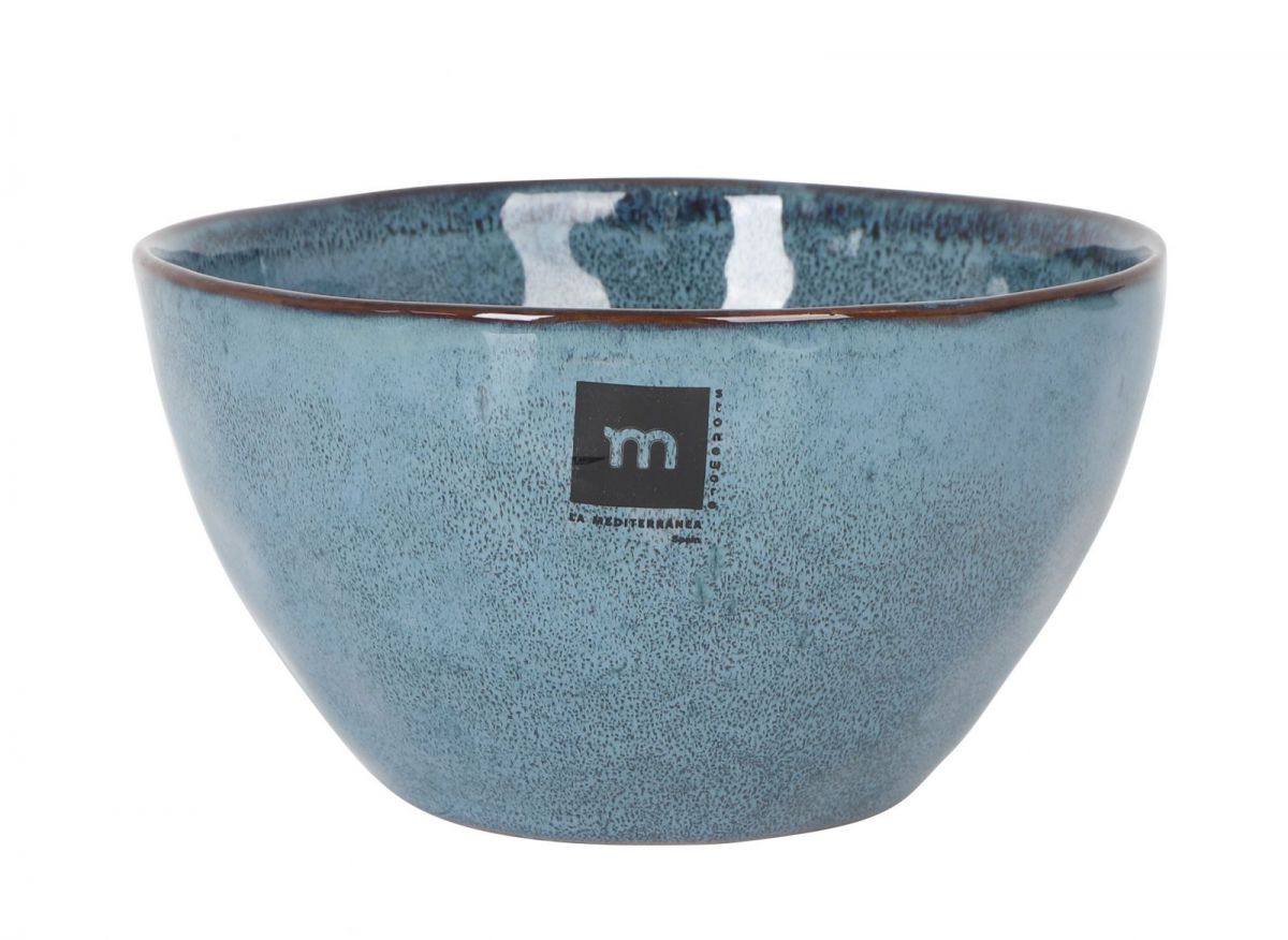 Blue ceramic serving bowl with rustic speckled glaze and brown rim for Morell product