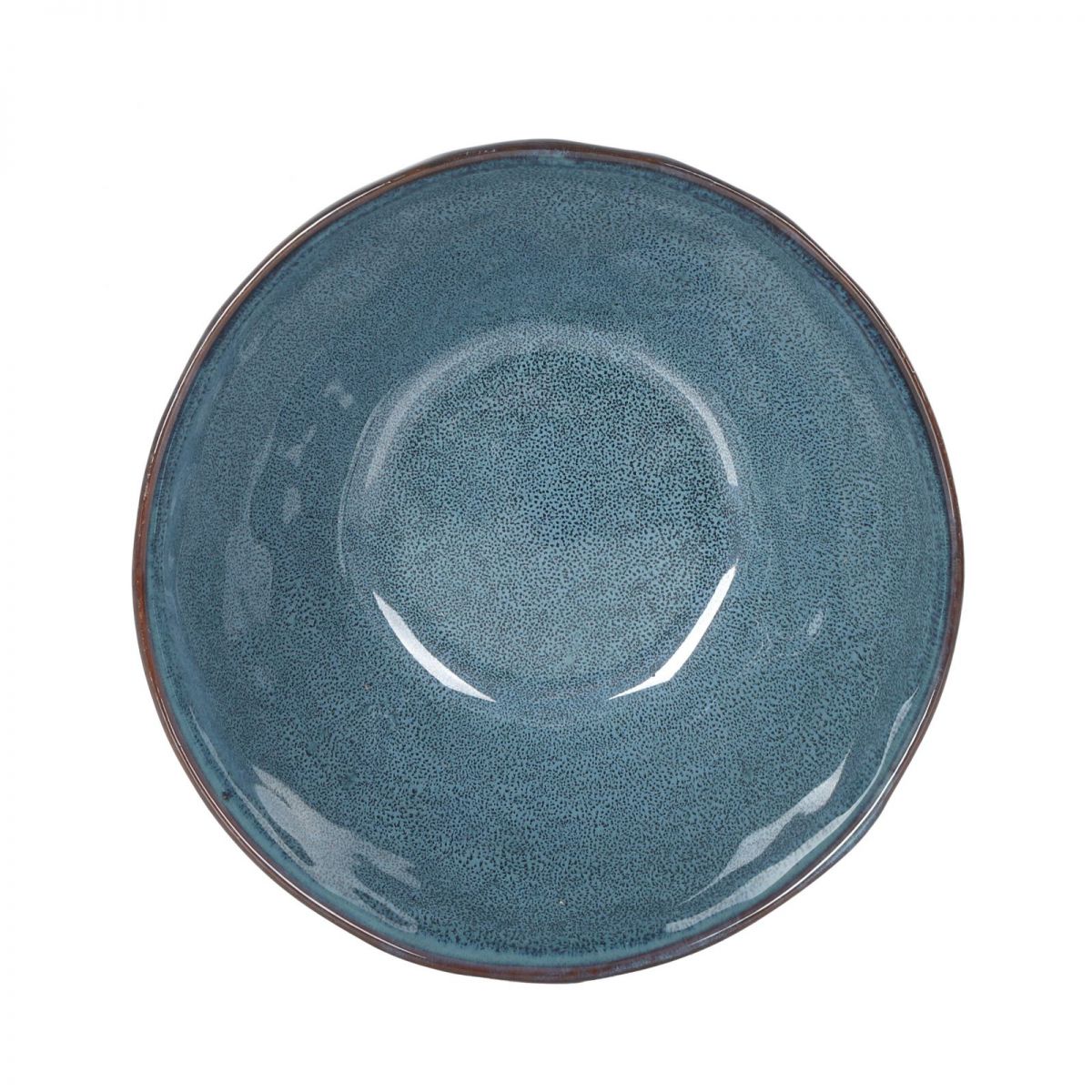 Teal-blue ceramic bowl with rustic textured glaze and irregular brown rim