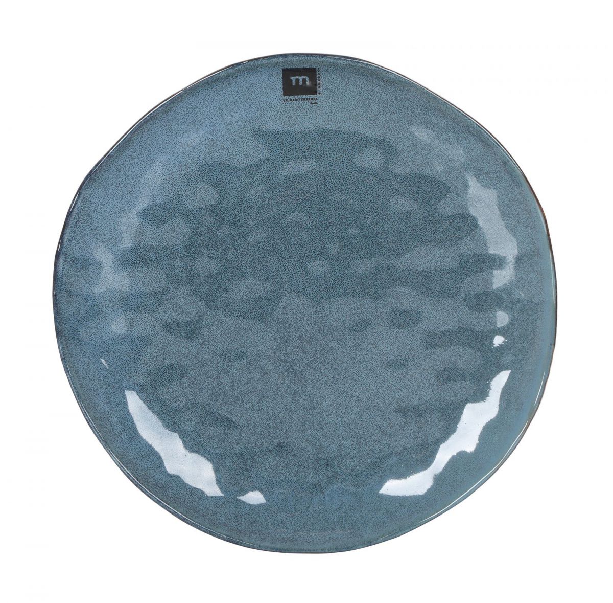 Teal-blue ceramic dinner plate with textured hammered surface and subtle sheen