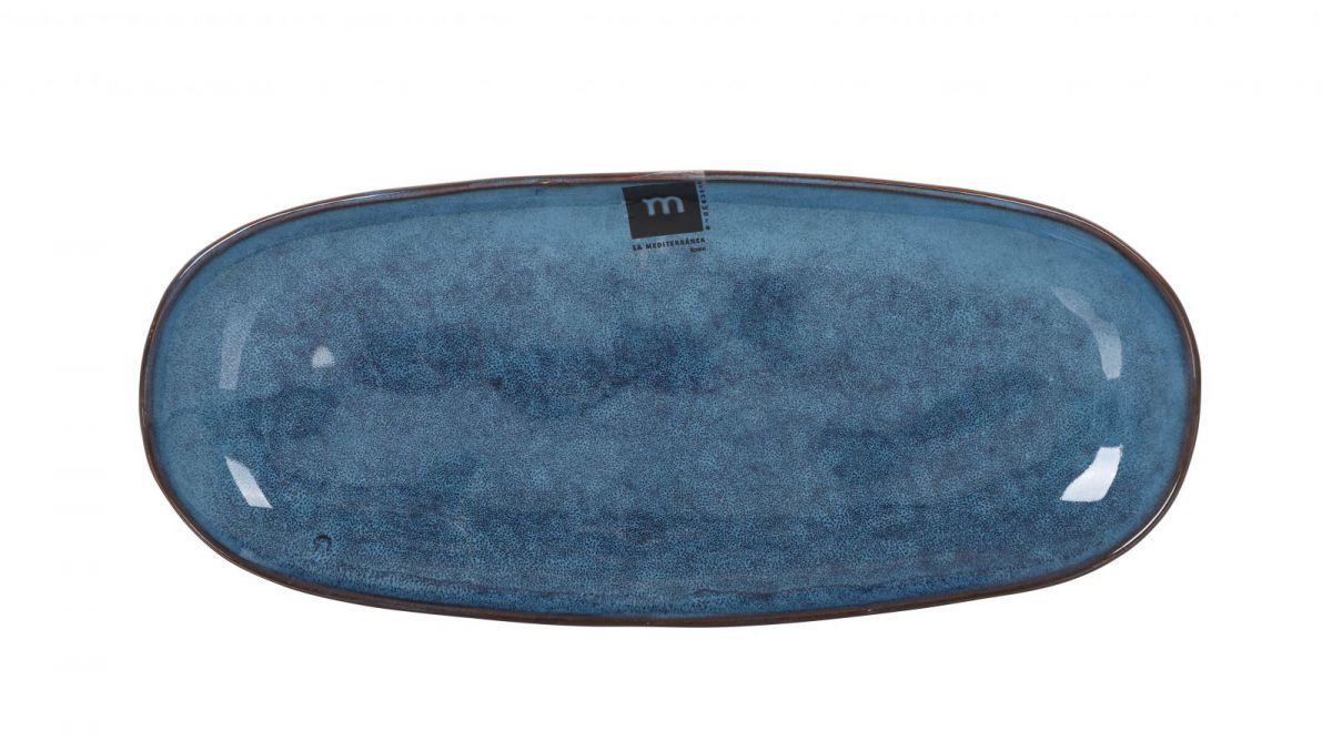 Blue ceramic oval serving dish with textured glaze and dark rim for desserts and tapas