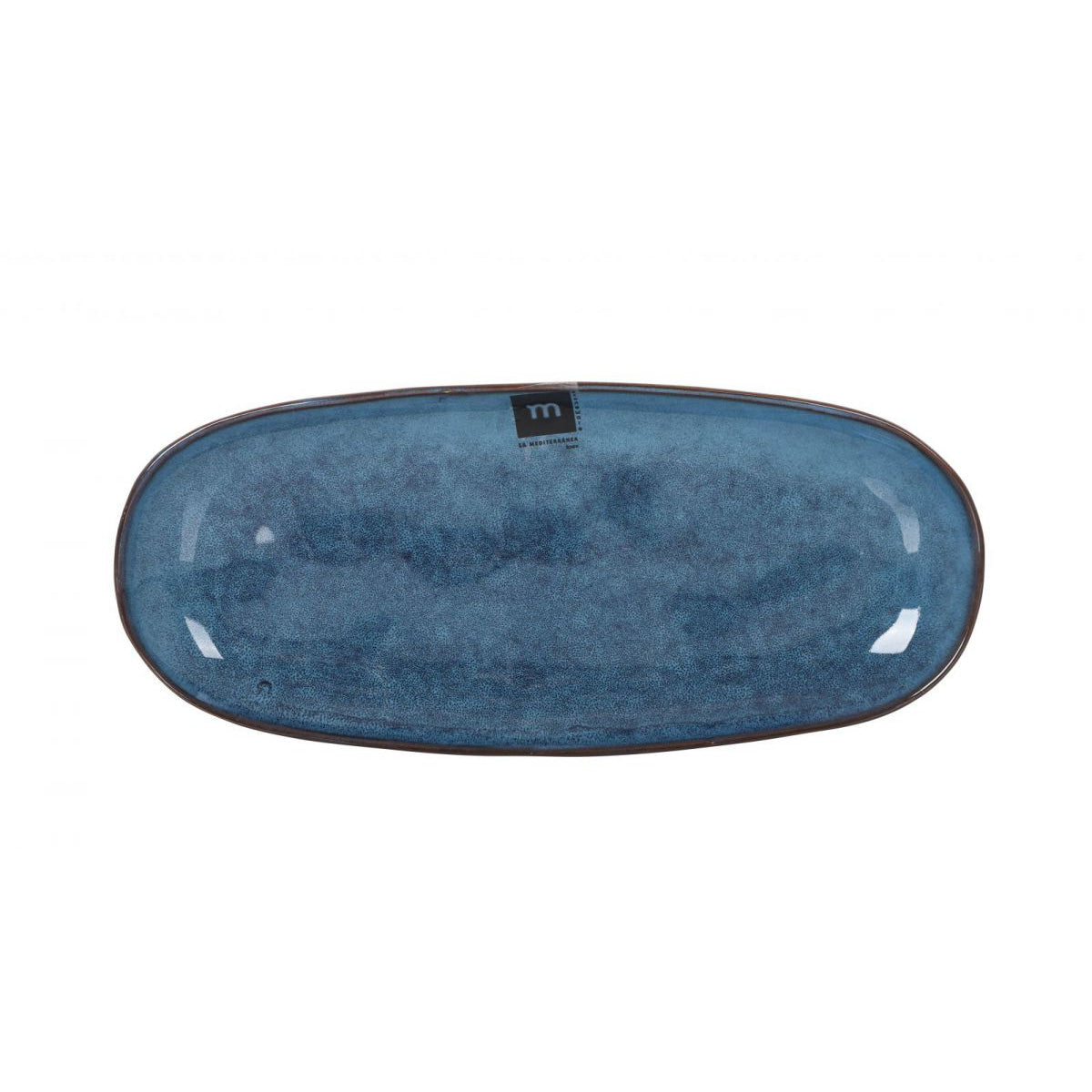 Blue ceramic oval serving dish with textured glaze and dark rim for desserts and tapas