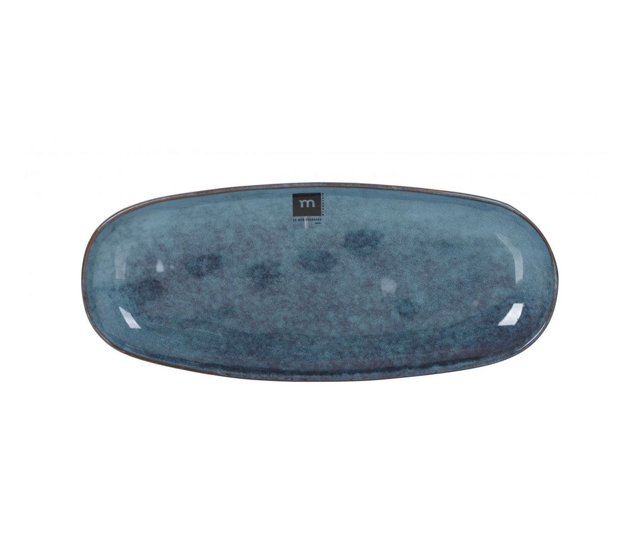 Dark blue oval ceramic serving platter with textured glaze and subtle rim for desserts or tapas
