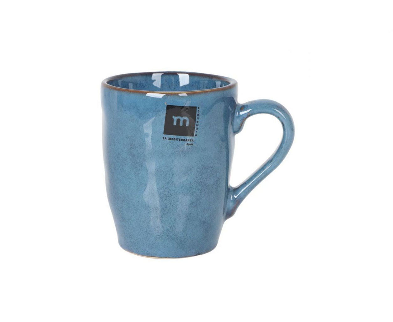 Blue ceramic mug with speckled finish and brown rim for coffee or tea