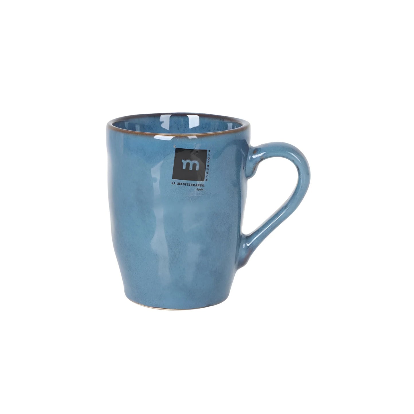 Blue ceramic mug with speckled finish and brown rim for coffee or tea