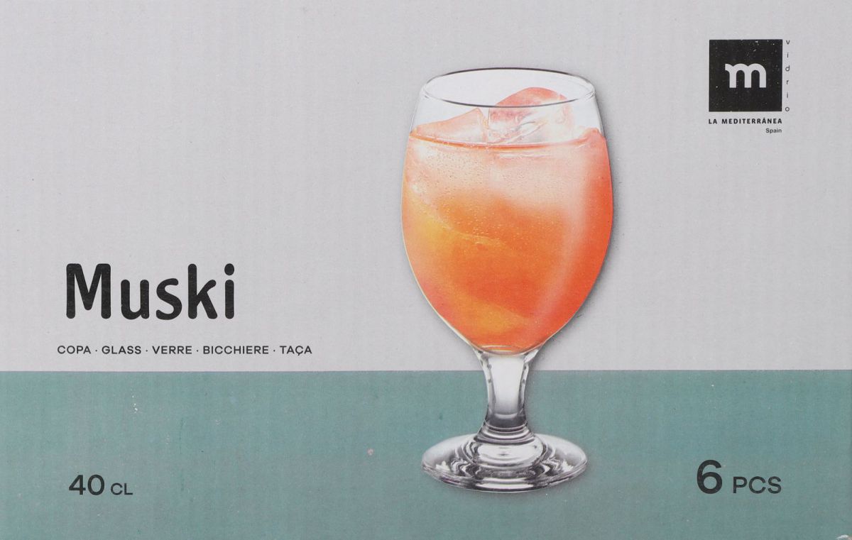 Set of six Muski Beer glass cups with orange beverage, 400ml clear stemmed glasses