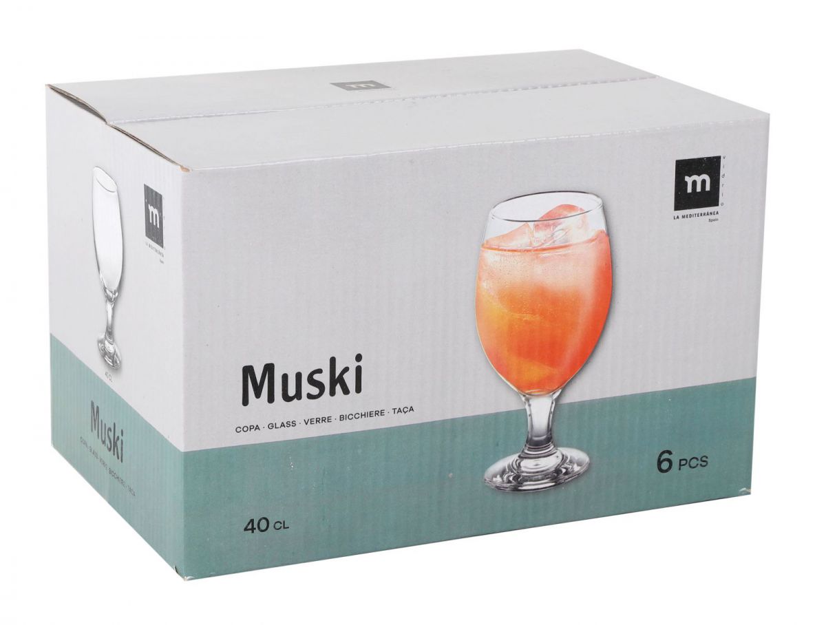 Cardboard box with six Muski Beer Glass Cups 400ml stemmed cocktail glasses