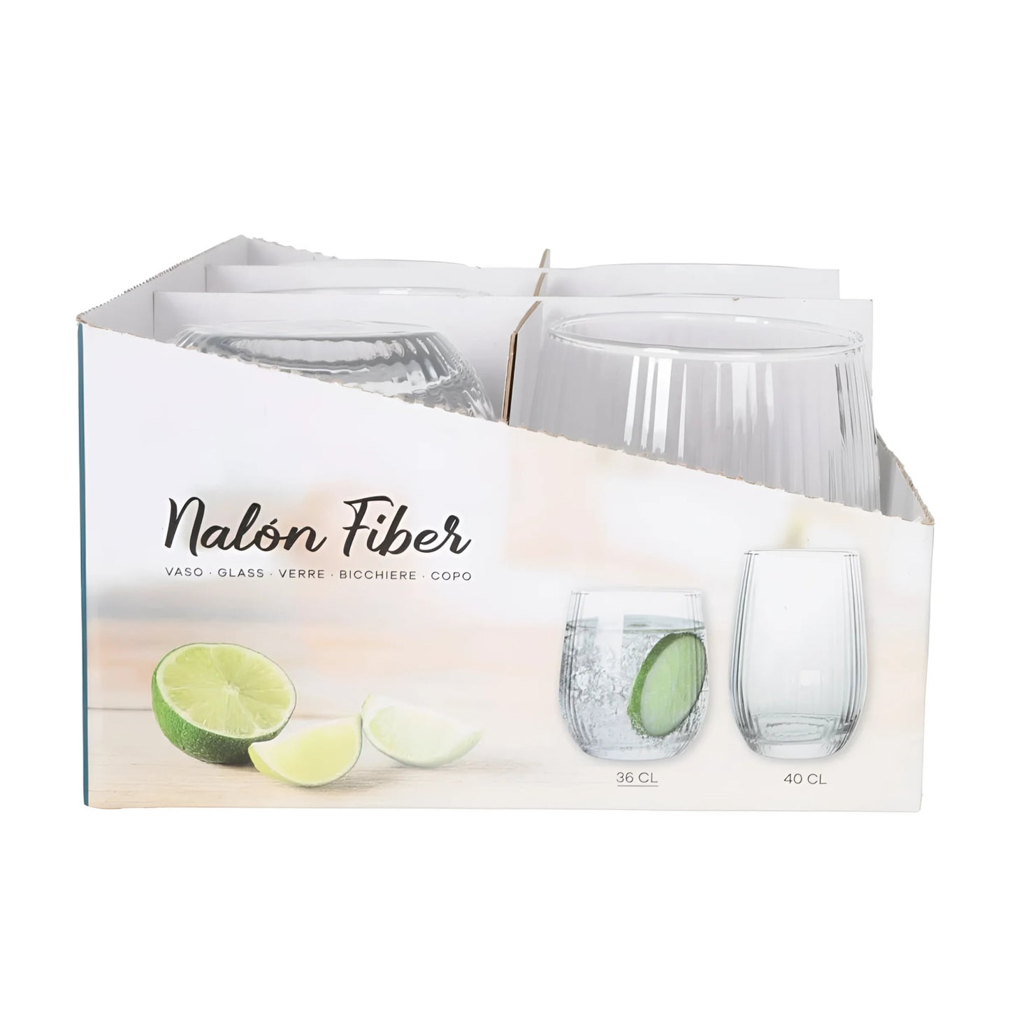 Display box with four Nalon Fiber 360ml clear glass tumblers for water and cocktails