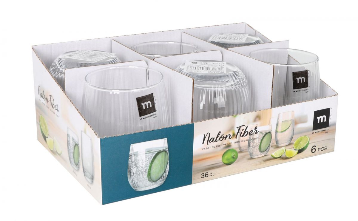 Six-piece set of clear textured Nalon Fiber 360ml drinking glasses in retail display box
