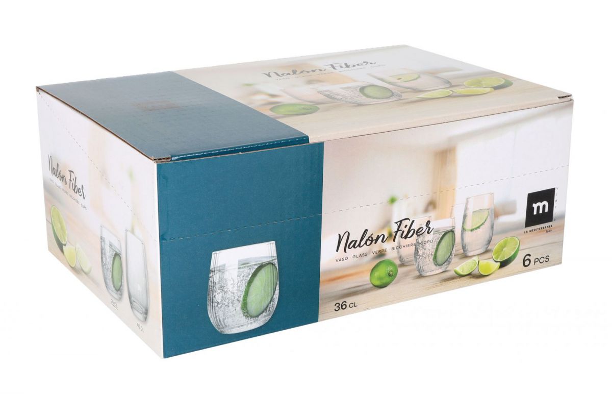 Boxed set of six Nalon Fiber 360ml drinking glasses with lime slice design